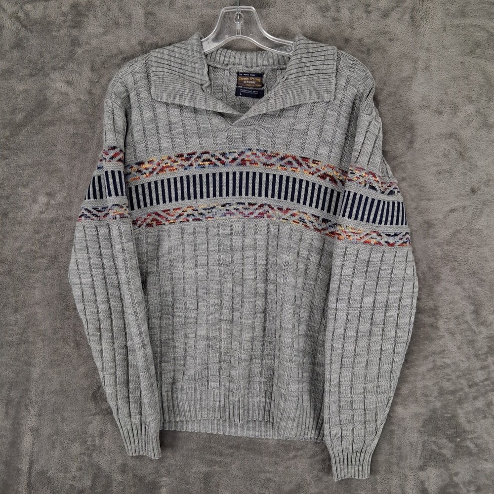 Vintage 80s JCPenney Sweater Mens Large Gray Geometric Knit Collar